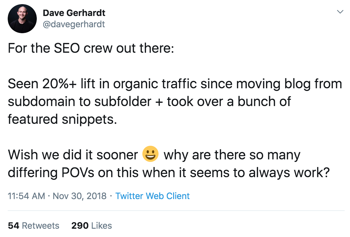 another tweet about root domain vs subdomain for seo